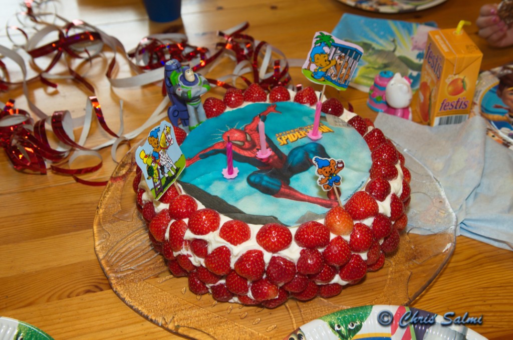 _DSC6118.JPG - Spindelmannen, Bamse och jordgubbar. Precis som hon önskade sig